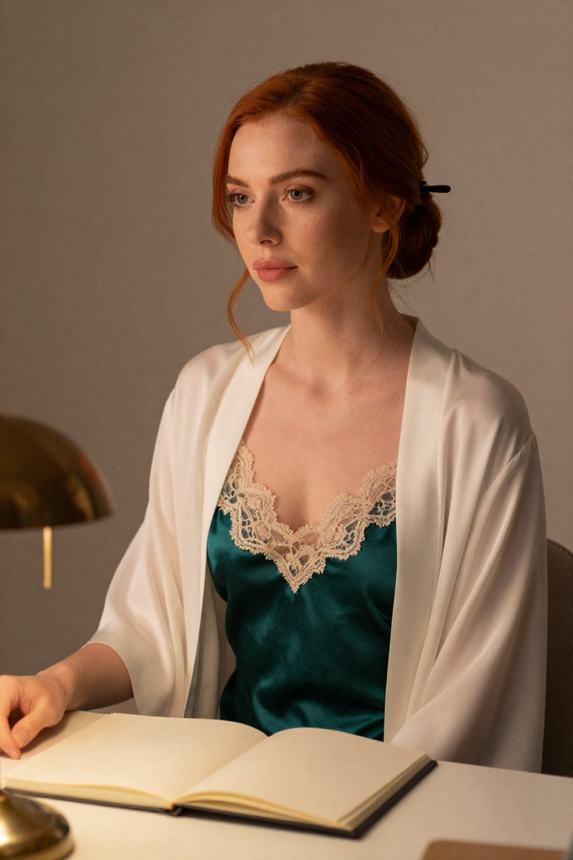 Fictional 29-year-old woman, copper-red hair in a loose low bun with a plain dark pin, fair